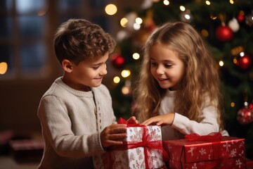 Fototapeta na wymiar Two cute kids boy and girl with Christmas present box on blurry Christmas background.