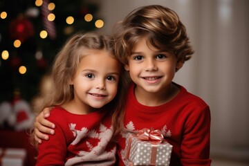 Fototapeta na wymiar Two cute kids boy and girl in red sweatshirts on blurry Christmas background.