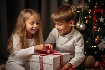 Fototapeta na wymiar Two cute kids boy and girl with Christmas present box on blurry Christmas background.