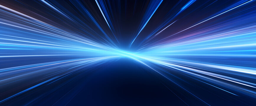 High-speed motion blur light trails on a dark blue background, symbolizing futuristic travel, technological progress, and the speed of light in an abstract