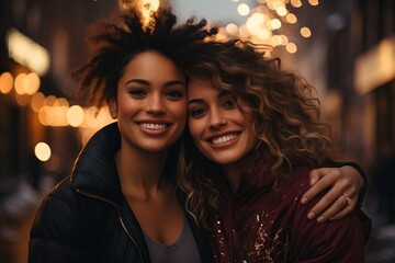 couple of women embrace and smile in the street at under snow at Christmastime