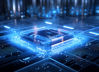 Computer circuit board and blue light trails on dark background