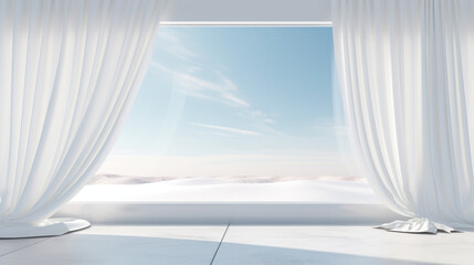 A wide window with white curtains and a view of the outside