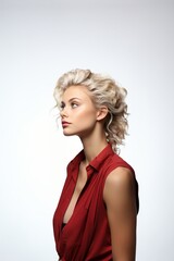 Side shot of a beautiful Caucasian woman with blond hair and perfect skin looking to an isolated side on a white background copy-space