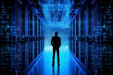 illustration, silhouette of a man standing inside the data center