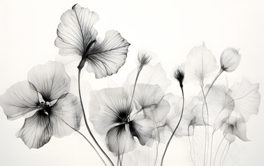Elegant design backdrop featuring a serene composition of delicate flowers and buds in a monochromatic palette, creating a sophisticated black and white silhouette