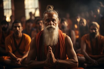 guru meditating in a room arround his pupils