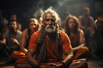 old guru listening to a spiritual talk in a crowded room sitting in the floor