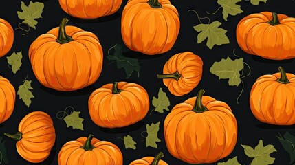  a bunch of pumpkins with leaves on a black background.  generative ai