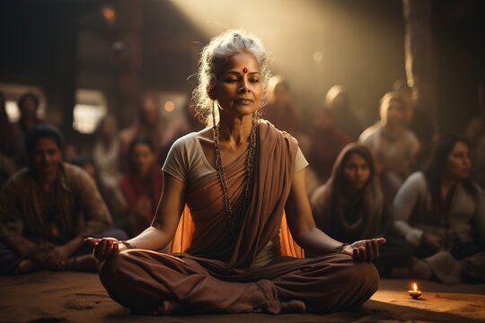 indian woman meditating in a temple full of women