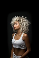 side view of Beautiful blonde African-American woman dressed in white isolated on grey background copy-space