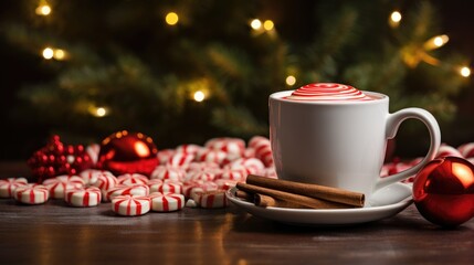 Obraz na płótnie Canvas Indulge in the delightful aroma of this winter's favorite, a cup of coffee adorned with a Christmas tree decoration and candy. It's the perfect hot drink to elevate your festive mood