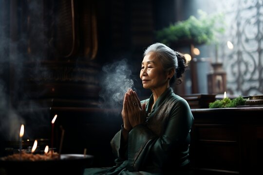 older asian woman praying in quiet and peaceful temple