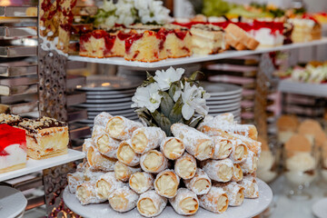 Wedding catering table in Poland. Fish meal decorative. Elegant lunch buffet served on wood. Plenty of food to feed many people.