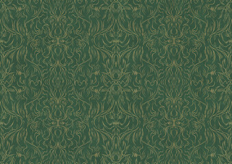 Hand-drawn unique abstract symmetrical seamless gold ornament of golden glitter on a warm green background. Paper texture. Digital artwork, A4. (pattern: p11-1b)