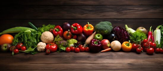 Studio photography of various fruits and vegetables on a wooden table in a health food setting