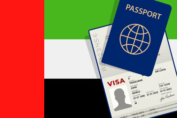 Visa to United Arab Emirates and Passport. UAE Flag Background. Vector illustration
