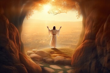 illustration resurrected jesus christ coming out of his tomb at dawn - obrazy, fototapety, plakaty