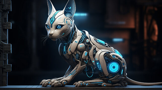 A robot cat, a breed of sphinx. A cat-like robot. Beautiful strength, determination and confidence in the look, readiness for action. Futuristic and cyberpunk 3D image of a cat. Close-up. Copy space.