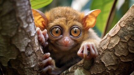  a small brown animal with big eyes sitting in a tree.  generative ai