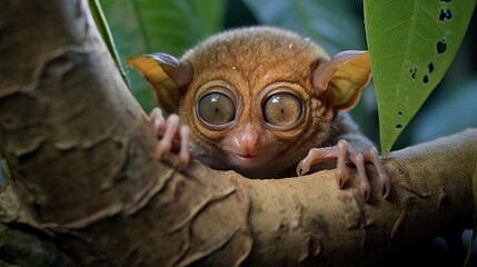  a small animal with big eyes sitting on a tree branch.  generative ai