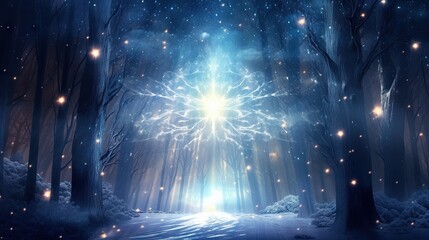  a painting of a snowy forest with a bright light coming from the center.  generative ai