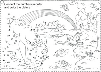 A logic game for children with cartoon characters
(owl, deer, fish, butterfly), forest, lake, rainbow. 
Connect the dots with the numbers
in order and color the picture. Vector illustration.