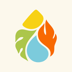 Drop logo template with elements of nature. Elegant vector logotype or icon with water, fire, leaf and sun
