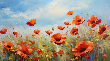 Obraz premium a painting of a field full of red poppies on a sunny day. generative ai