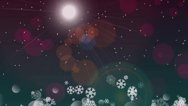 Snowflakes winter background on teal gradient with lens flare. Abstract background/ overlay.