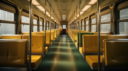 Obraz premium tranquil interior of an empty train carriage, a peaceful ride on public transit