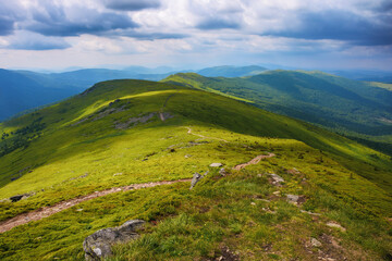Fototapeta na wymiar nature landscape in mountains. carpathian watershed ridge in summer. sunny weather with clouds on the sky. scenery in dappled light