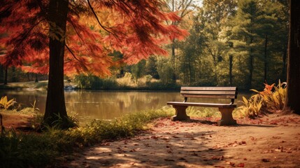 A wooden bench nestled in an autumn park, surrounded by vibrant foliage and peaceful serenity - obrazy, fototapety, plakaty