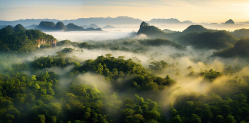 Aerial view captures the tranquil beauty of a rainforest dawn in gold hues.