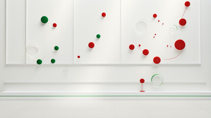A white wall with a pattern of green and red circles