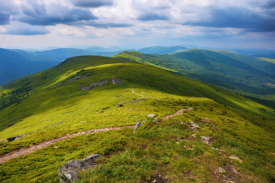 nature landscape in mountains. carpathian watershed ridge in summer. sunny weather with clouds on the sky. scenery in dappled light