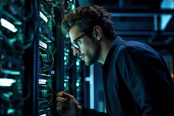 Fototapeta na wymiar Technician in glasses examines digital machine in a server room with precision