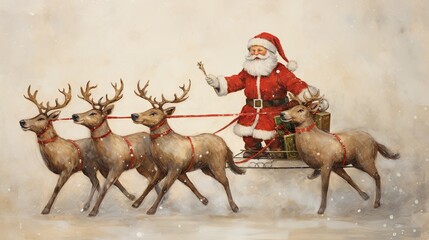  a painting of santa claus riding a sleigh with reindeers.  generative ai