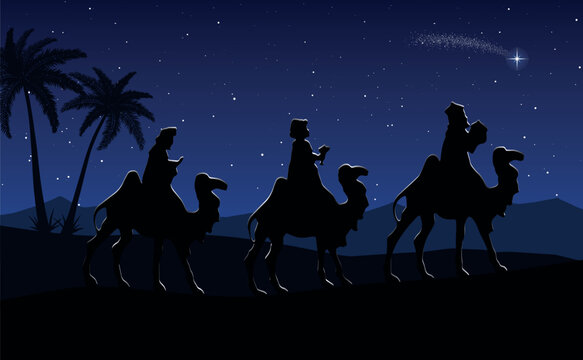 Blue Christmas nativity scene: Three Wise Men travel to the desert at night.
