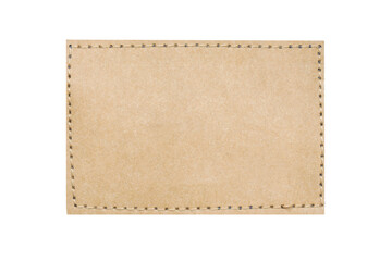 Brown suede belt strap closeup isolated on white. Brown stitched leather seam frame label tag. Empty copy space fashion background. Stitch patch cutout.