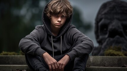 Captivating portrait: A serious child gazes intensely, their young face reflecting deep thought