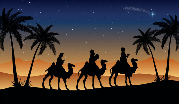 Christmas Nativity Scene: Three Wise Men go to the manger in the desert at night.