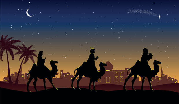 Christmas Nativity Scene: Three Wise Men go to Bethlehem in the desert at night.