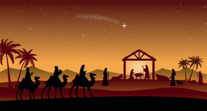 Christmas Nativity Scene in the desert at night