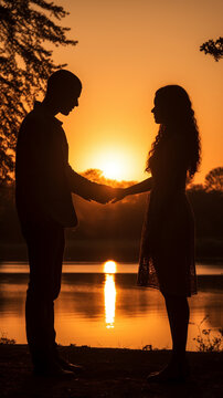 Intertwined hands, silhouetted couple, embracing love in the warmth of sunset glow.
