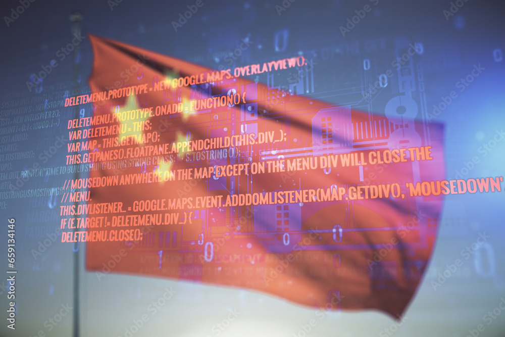 Poster multi exposure of abstract programming language hologram on flag of china and blue sky background, a