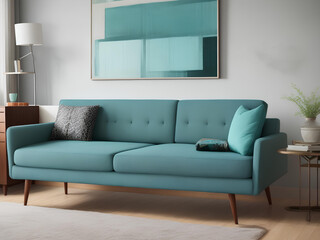 Cozy Living Room with Blue Couch. Grey sofa and turquoise lounge chairs