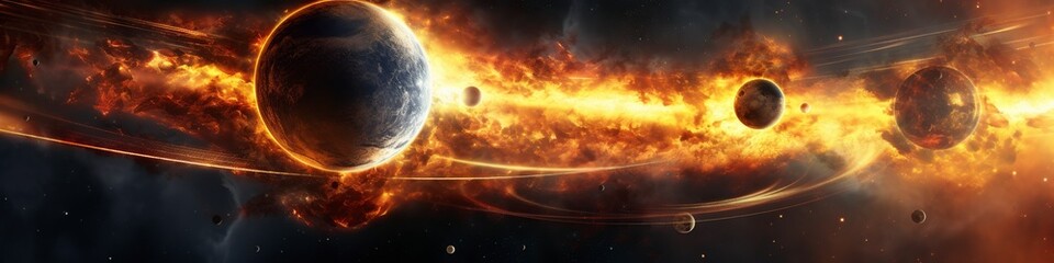 illustration,planets in space,sun and black hole,website header
