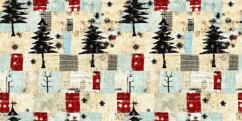 Old-Fashioned christmas tree with primitive hand sewing fabric effect endless edging. Cozy nostalgic homespun winter hand made crafts style trim. 