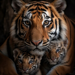 Fototapeta premium close up portrait of tiger family, mother and cubs, generative ai